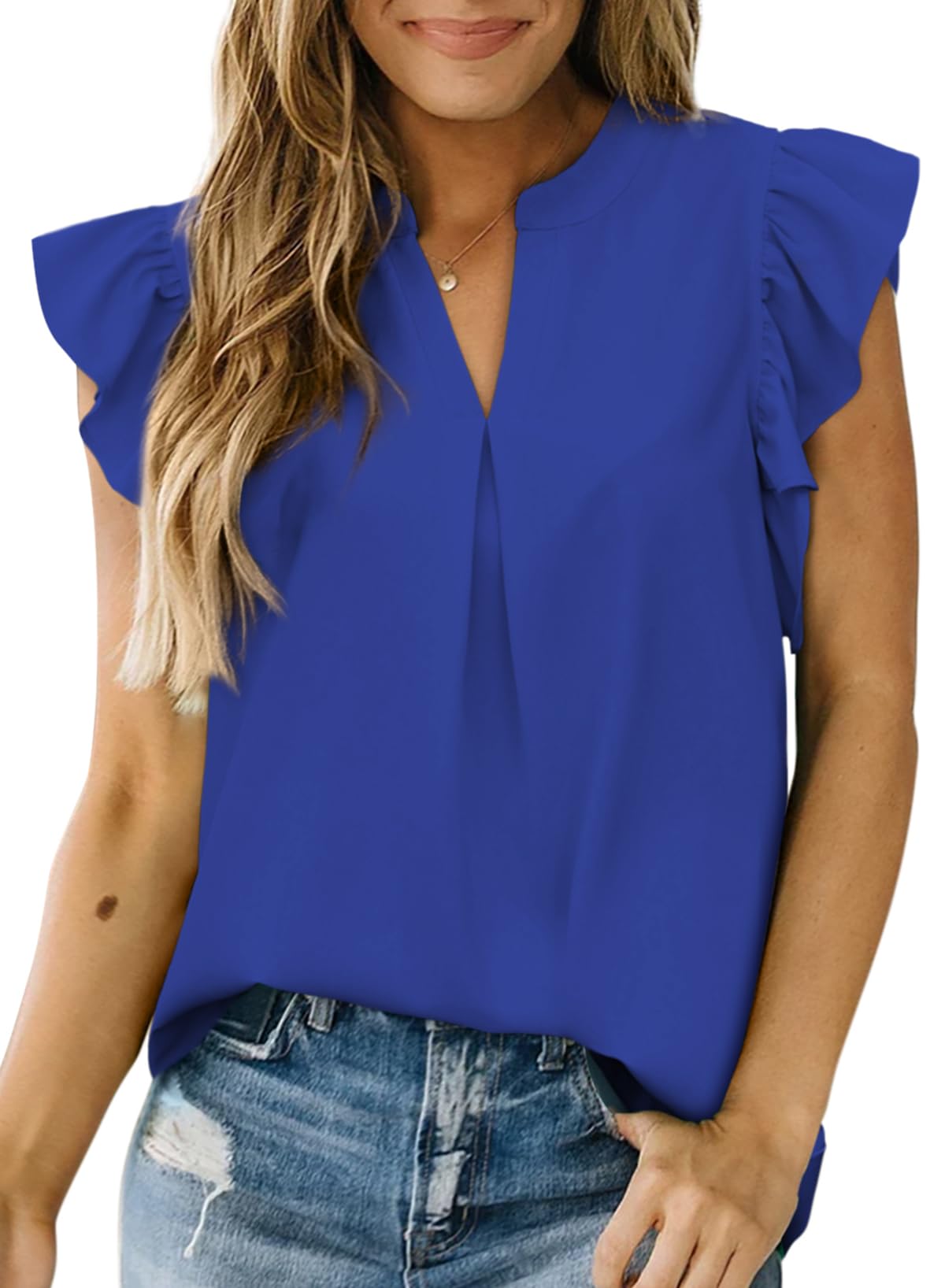 Dokotoo Summer Tops for Women 2024 Trendy Flowy Ruffle V Neck Solid Tee Shirts Womens Cozy Stylish Casual Summer Resort Wear Short Cap Sleeve Loose Fit Blouses and Tops Blue 2XL